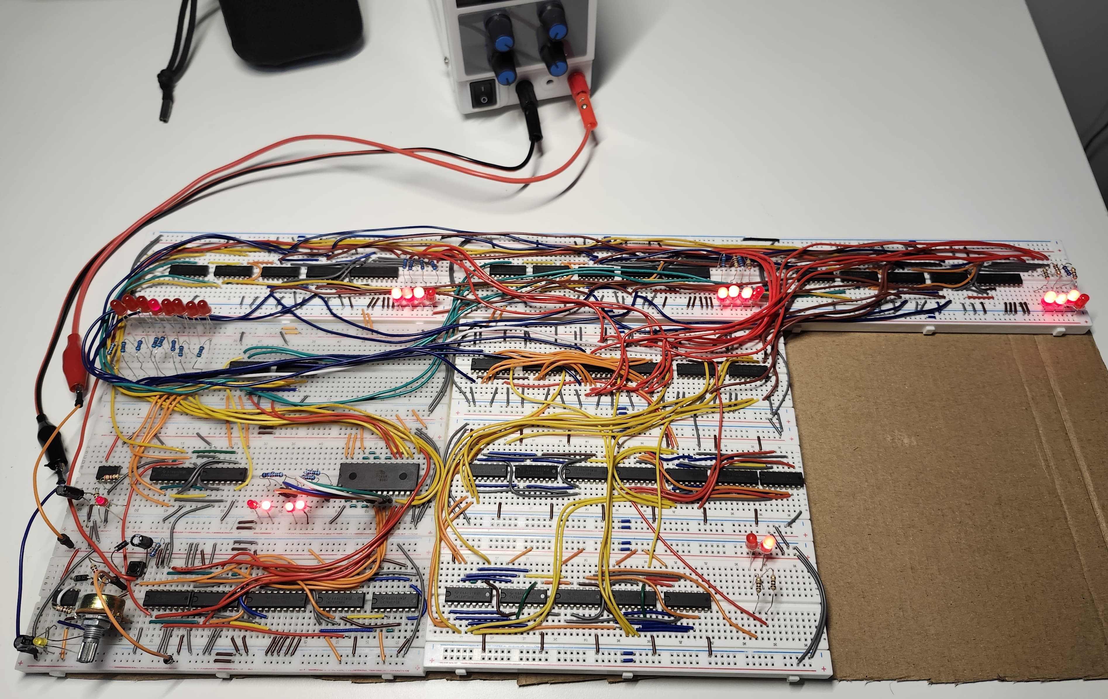 Discrete logic components and wiring in the breadboard CPU.
